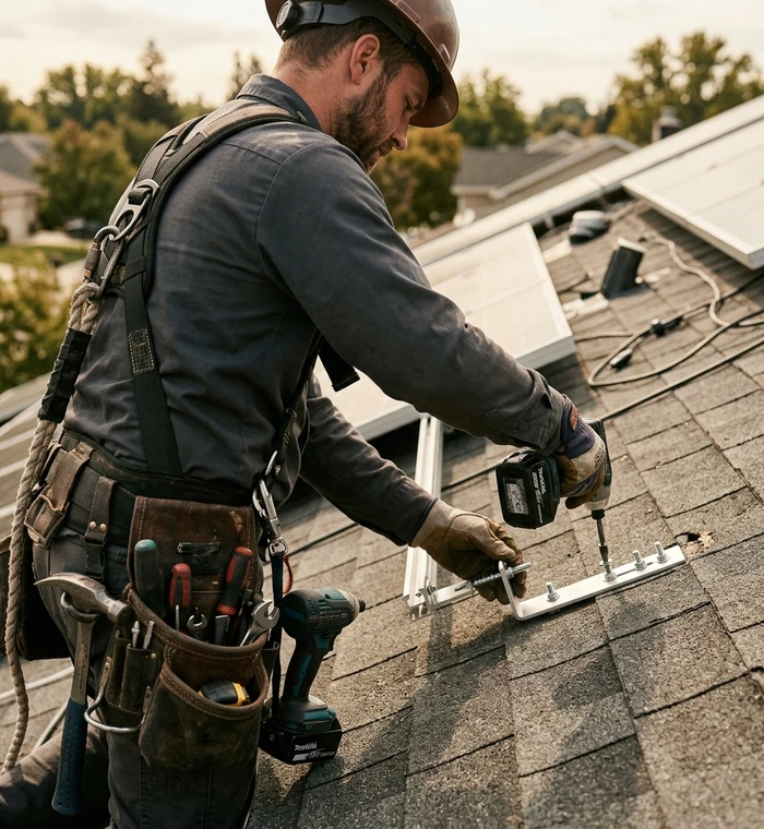Installer fastening a solar panel to a roof