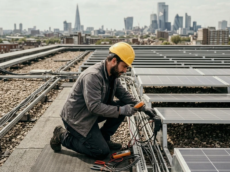 Technician beside panels